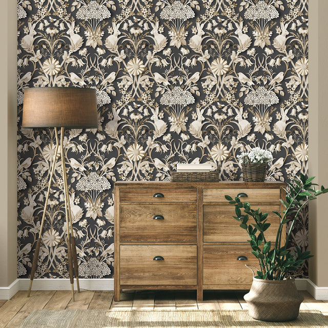Fae Charcoal Woodland Wallpaper with Whimsical Animals Pattern - Brewster FD42948