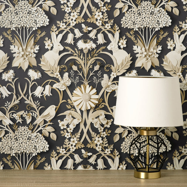 Fae Charcoal Woodland Wallpaper with Whimsical Animals Pattern - Brewster FD42948