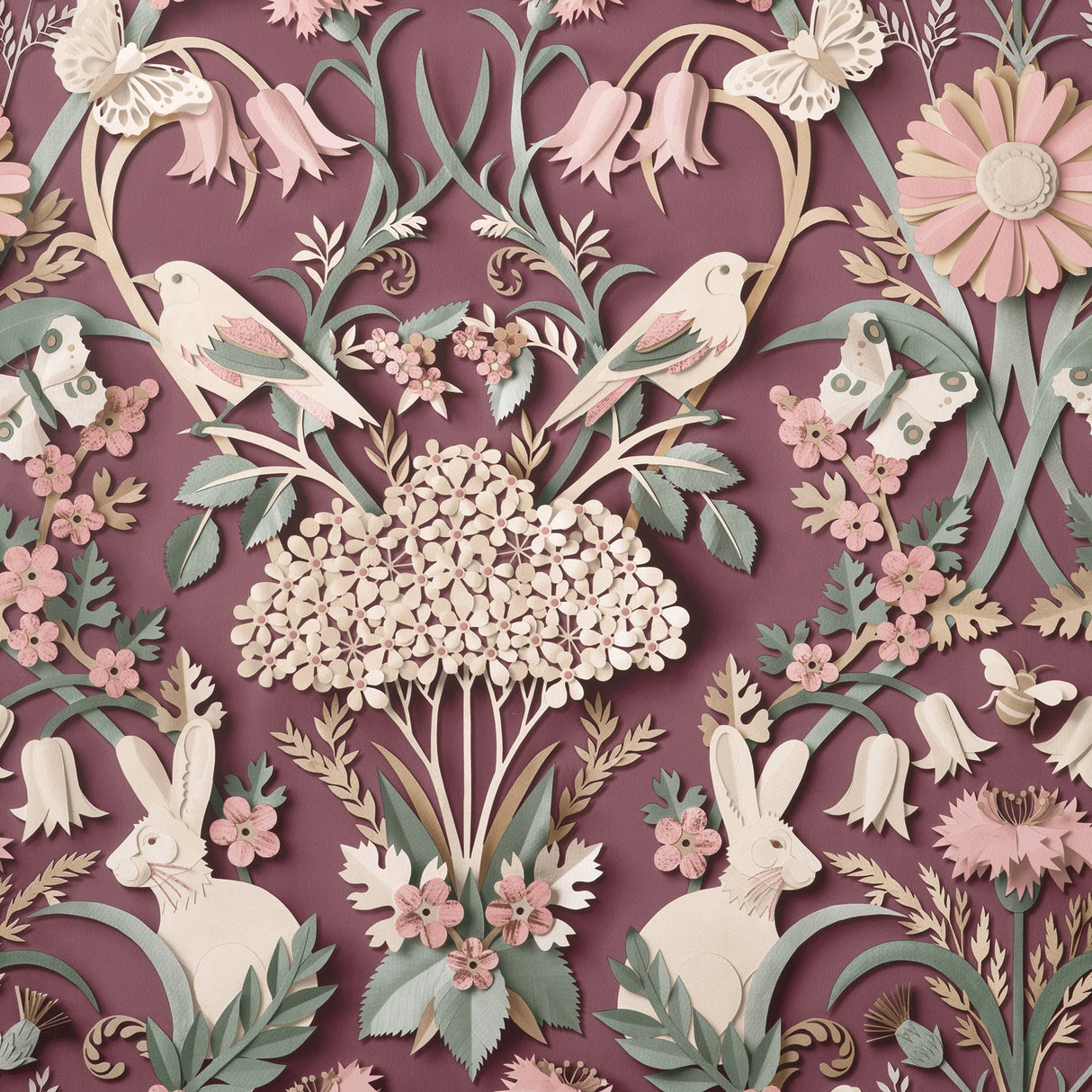 Fae Plum Woodland Whimsical Wallpaper with Birds, Bunnies & Floral Motif - Fine Decor FD42949