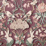 Fae Plum Woodland Whimsical Wallpaper with Birds, Bunnies & Floral Motif - Fine Decor FD42949