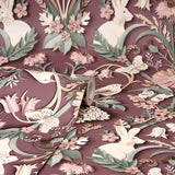 Fae Plum Woodland Whimsical Wallpaper with Birds, Bunnies & Floral Motif - Fine Decor FD42949