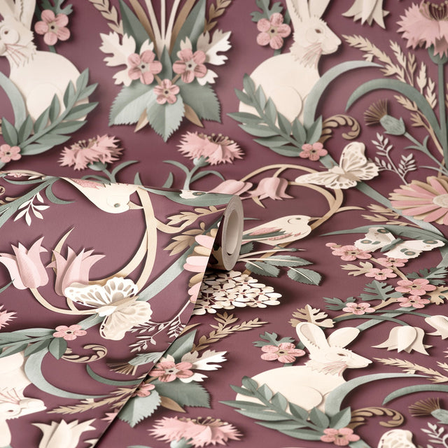 Fae Plum Woodland Whimsical Wallpaper with Birds, Bunnies & Floral Motif - Fine Decor FD42949