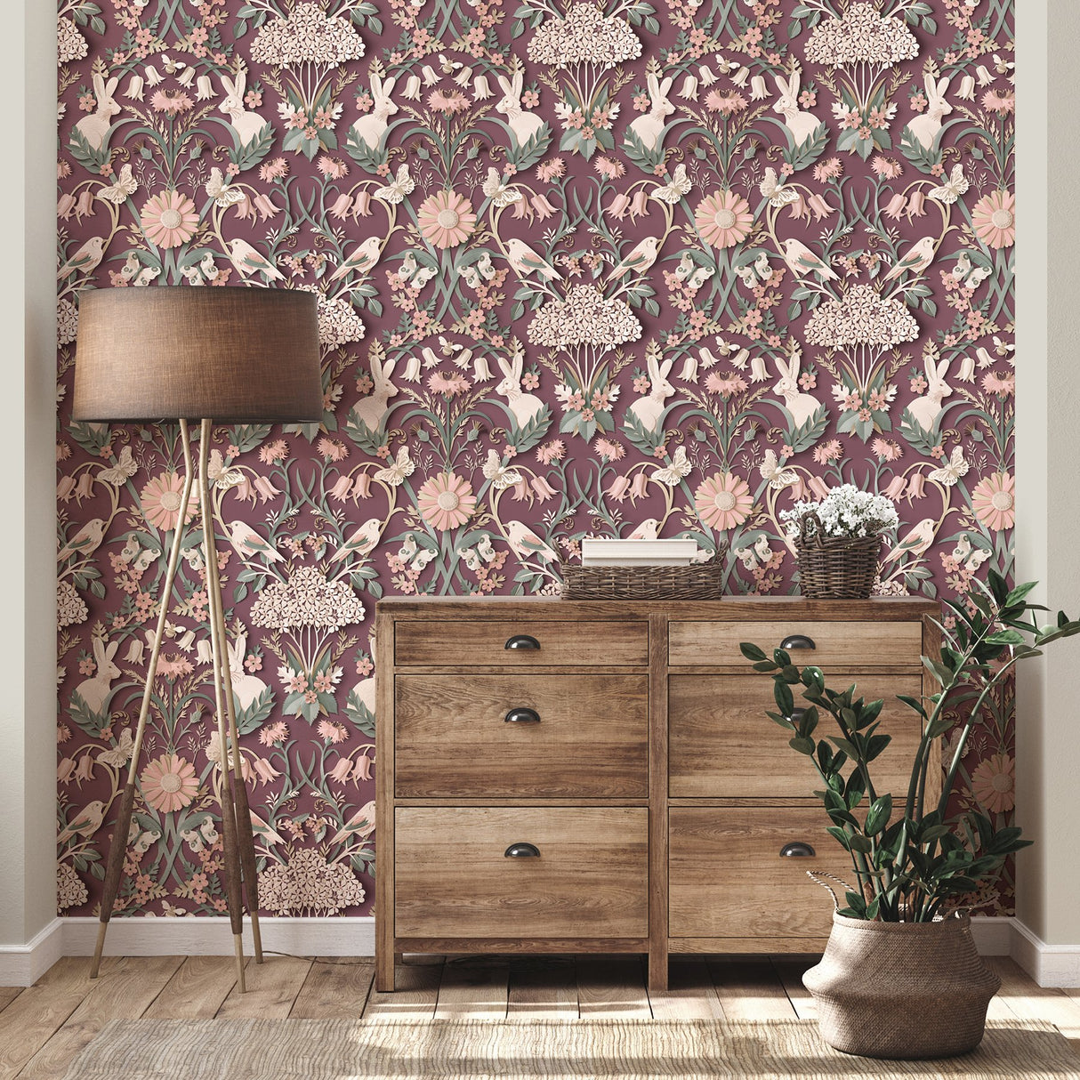 Fae Plum Woodland Whimsical Wallpaper with Birds, Bunnies & Floral Motif - Fine Decor FD42949