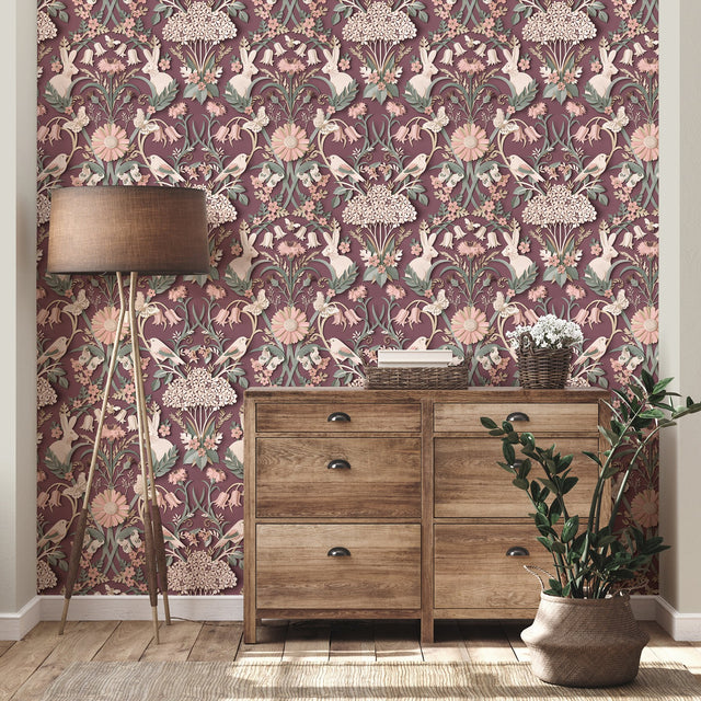 Fae Plum Woodland Whimsical Wallpaper with Birds, Bunnies & Floral Motif - Fine Decor FD42949