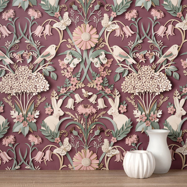 Fae Plum Woodland Whimsical Wallpaper with Birds, Bunnies & Floral Motif - Fine Decor FD42949