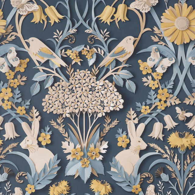 Fae Navy Woodland Wallpaper with Whimsical Animals and Botanical Paper-Cut Motif - Fine Decor FD42950