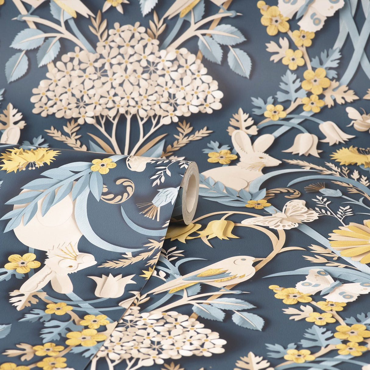 Fae Navy Woodland Wallpaper with Whimsical Animals and Botanical Paper-Cut Motif - Fine Decor FD42950