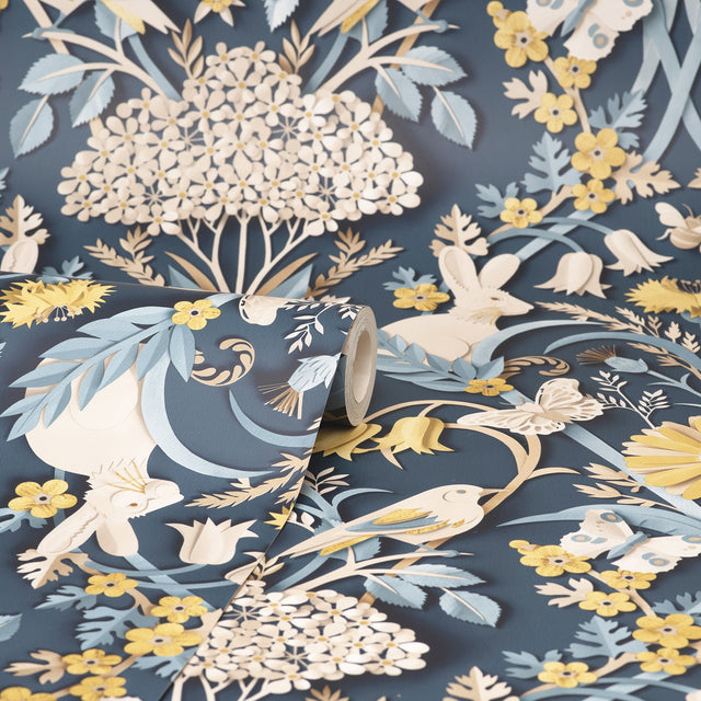 Fae Navy Woodland Wallpaper with Whimsical Animals and Botanical Paper-Cut Motif - Fine Decor FD42950