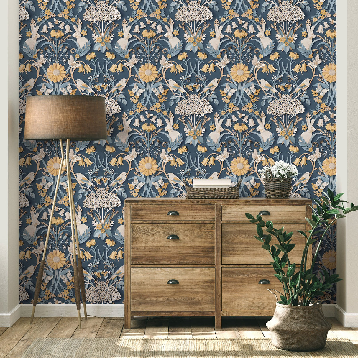 Fae Navy Woodland Wallpaper with Whimsical Animals and Botanical Paper-Cut Motif - Fine Decor FD42950