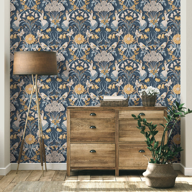 Fae Navy Woodland Wallpaper with Whimsical Animals and Botanical Paper-Cut Motif - Fine Decor FD42950