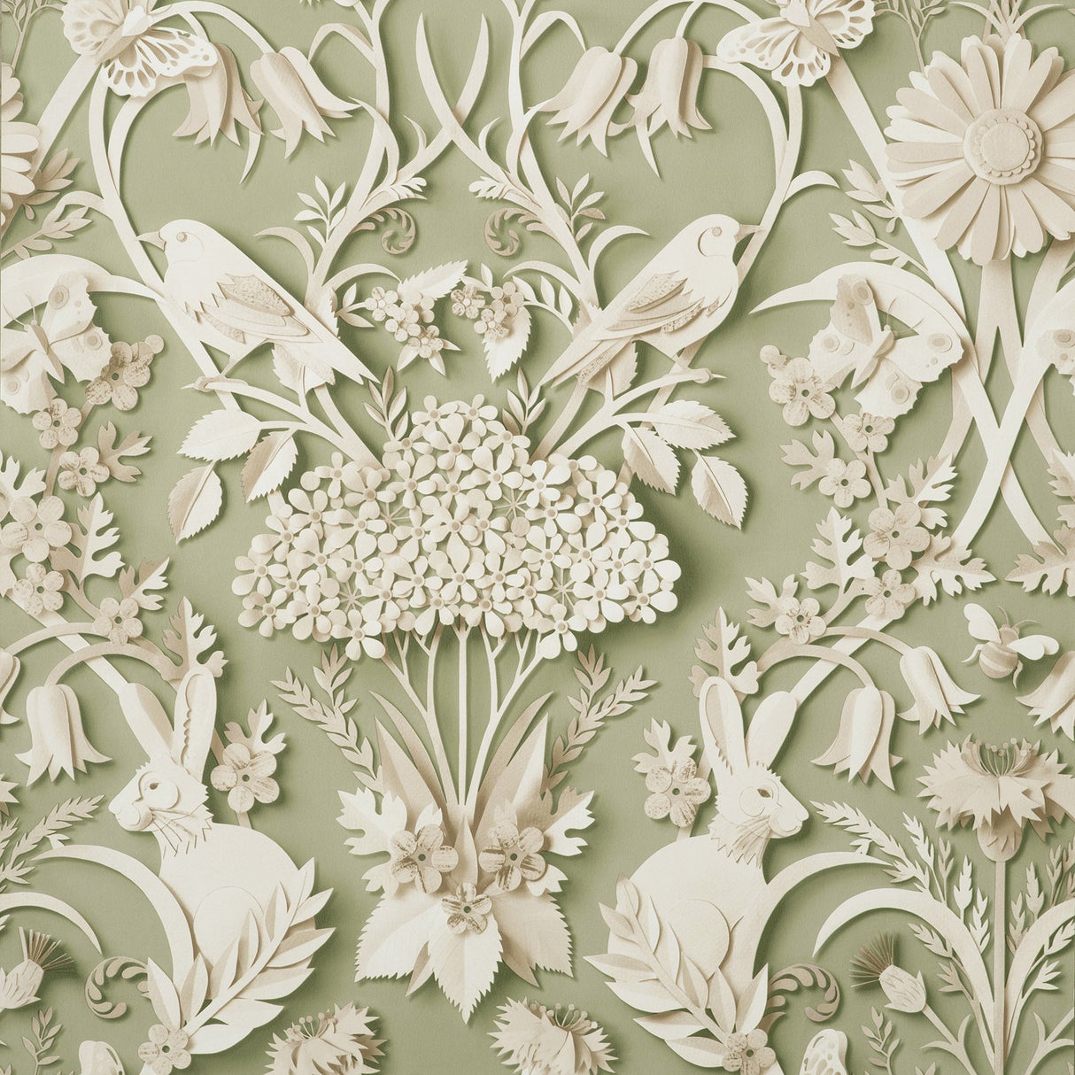 Fae Sage Woodland Wallpaper with Whimsical Paper-Cut Animal and Floral Motif - Fine Decor FD42951