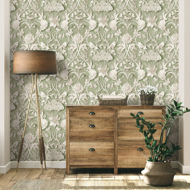 Fae Sage Woodland Wallpaper with Whimsical Paper-Cut Animal and Floral Motif - Fine Decor FD42951