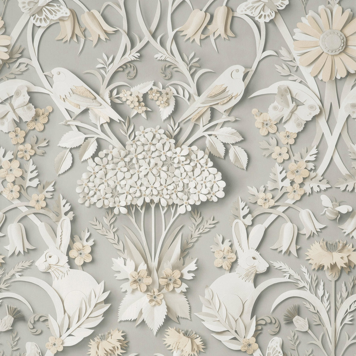 Fae Light Grey Woodland Wallpaper with Whimsical Paper-Cut Animal & Floral Motif - Fine Decor FD42952