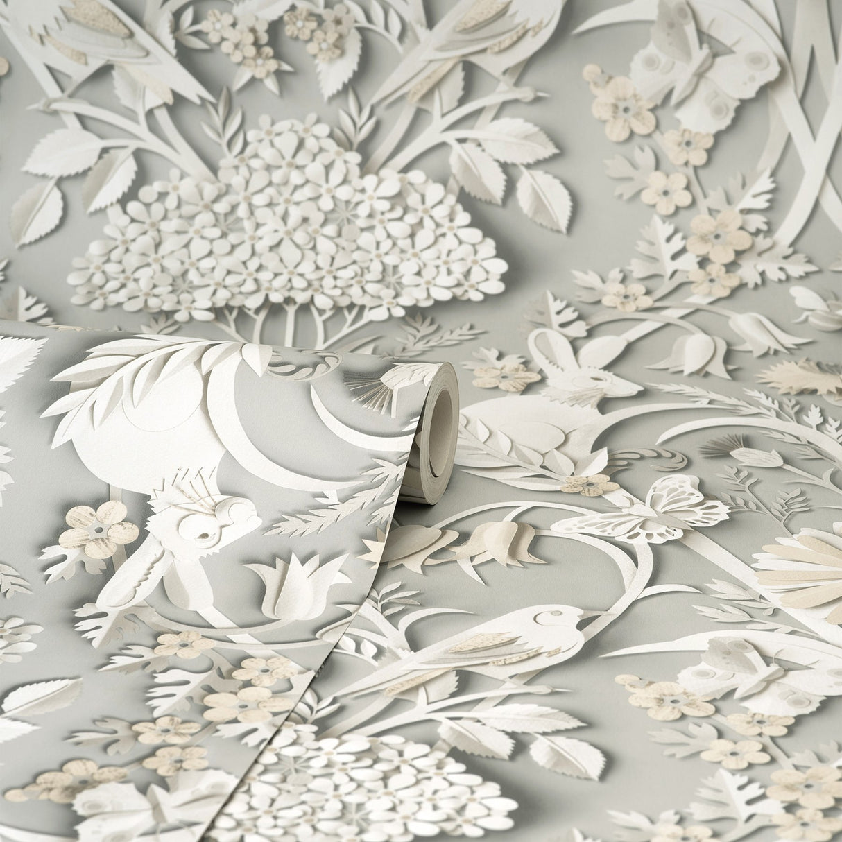 Fae Light Grey Woodland Wallpaper with Whimsical Paper-Cut Animal & Floral Motif - Fine Decor FD42952
