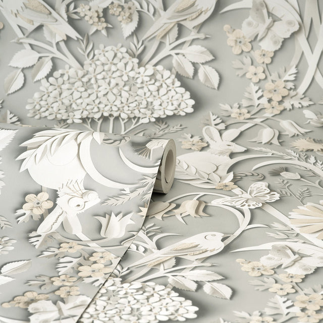 Fae Light Grey Woodland Wallpaper with Whimsical Paper-Cut Animal & Floral Motif - Fine Decor FD42952