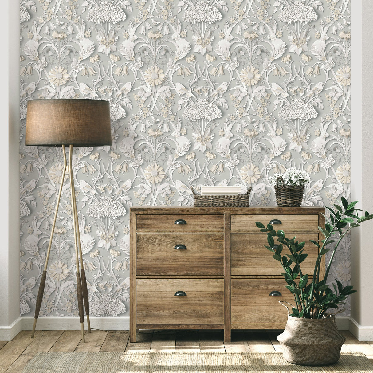 Fae Light Grey Woodland Wallpaper with Whimsical Paper-Cut Animal & Floral Motif - Fine Decor FD42952