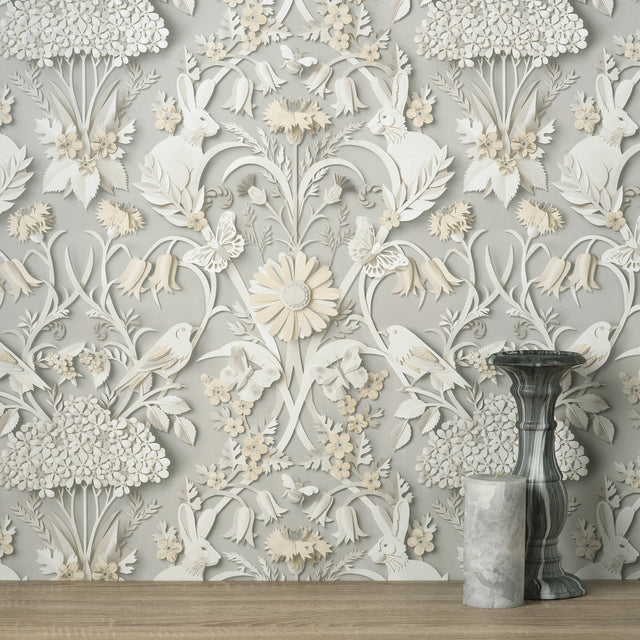 Fae Light Grey Woodland Wallpaper with Whimsical Paper-Cut Animal & Floral Motif - Fine Decor FD42952
