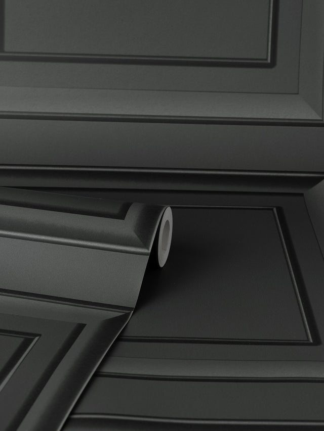Distinctive Dark Grey Square Panel Wallpaper with Masculine Wood Panel Graphic - Fine Decor FD43001