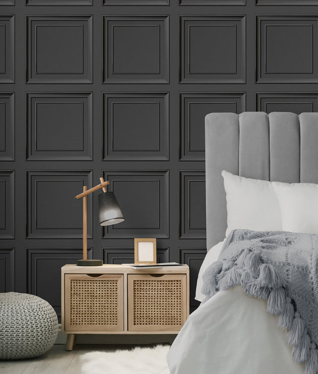 Distinctive Dark Grey Square Panel Wallpaper with Masculine Wood Panel Graphic - Fine Decor FD43001