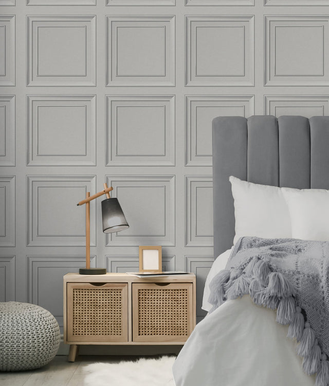 Distinctive Grey Square Panel Wallpaper with Graphics Wood & Stone Motif, Masculine Style - Fine Decor FD43002