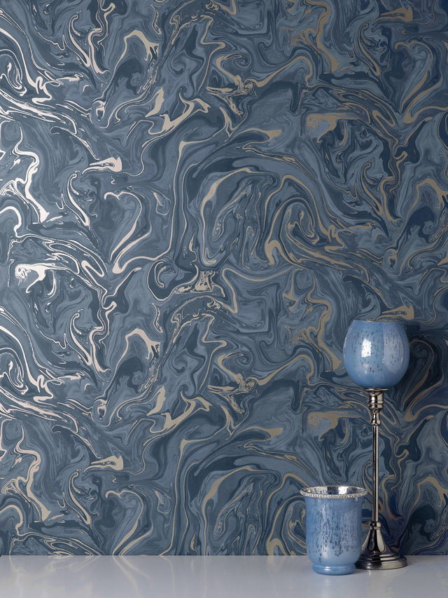 Suave Navy Marble Wallpaper with Abstract Glam Pattern - Fine Decor FD43055