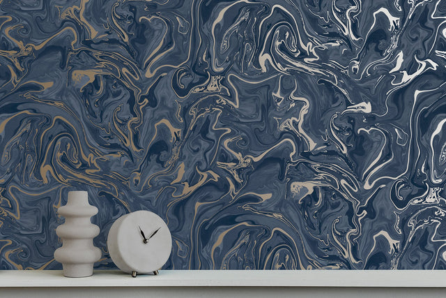 Suave Navy Marble Wallpaper with Abstract Glam Pattern - Fine Decor FD43055