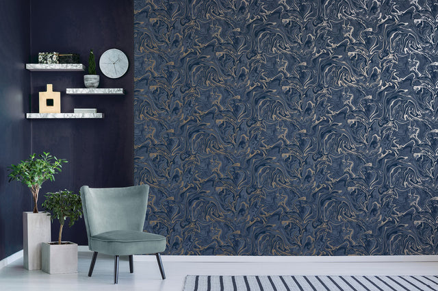Suave Navy Marble Wallpaper with Abstract Glam Pattern - Fine Decor FD43055