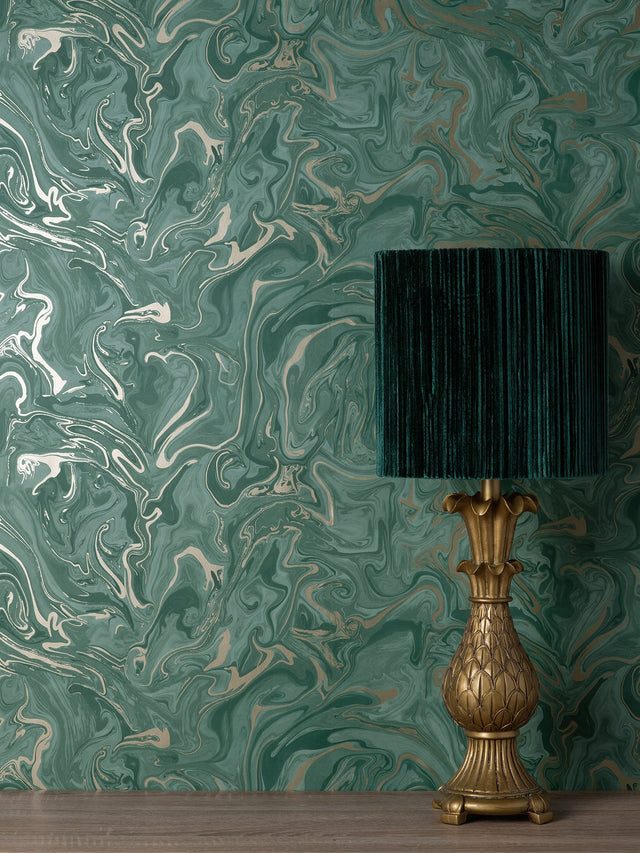 Suave Dark Green Marble Wallpaper with Abstract Glam Motif - Fine Decor FD43058