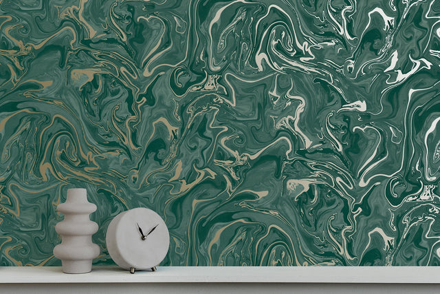 Suave Dark Green Marble Wallpaper with Abstract Glam Motif - Fine Decor FD43058