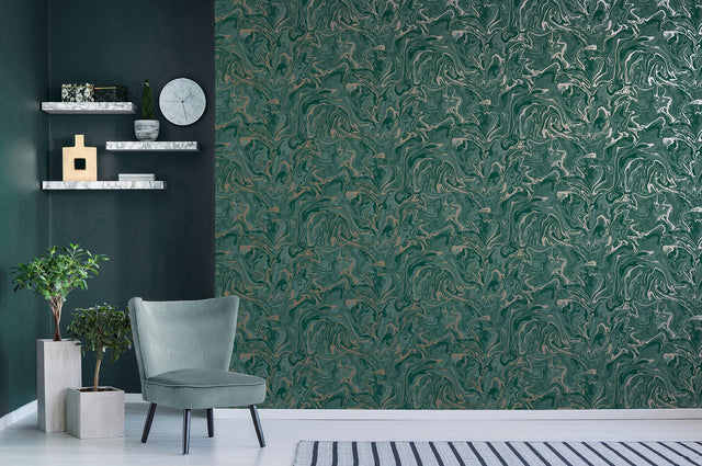 Suave Dark Green Marble Wallpaper with Abstract Glam Motif - Fine Decor FD43058