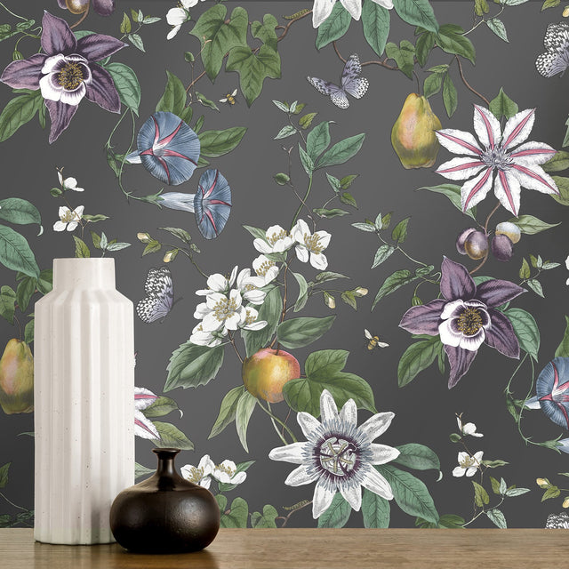 Sierra Black Floral Wallpaper with Botanical Flowers Modern Pattern - Fine Decor FD43060