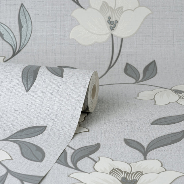 Larson White Floral Wallpaper with Botanical Flower Trail in Farmhouse Style - Fine Decor FD43066