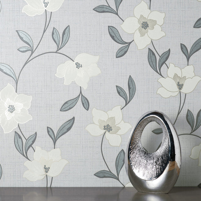 Larson White Floral Wallpaper with Botanical Flower Trail in Farmhouse Style - Fine Decor FD43066