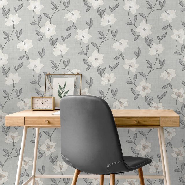 Larson White Floral Wallpaper with Botanical Flower Trail in Farmhouse Style - Fine Decor FD43066