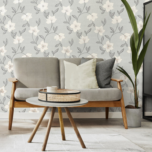 Larson White Floral Wallpaper with Botanical Flower Trail in Farmhouse Style - Fine Decor FD43066