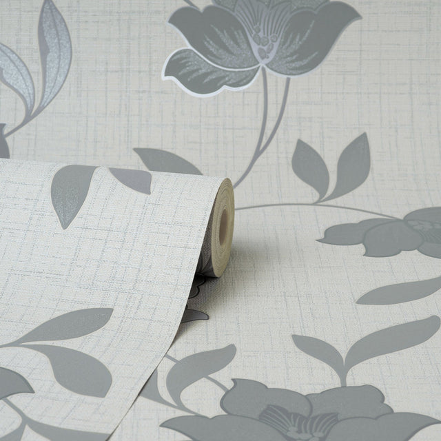 Larson Grey Floral Wallpaper with Farmhouse Botanical Flower Pattern - Fine Decor FD43068
