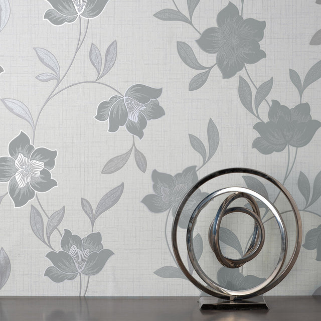 Larson Grey Floral Wallpaper with Farmhouse Botanical Flower Pattern - Fine Decor FD43068