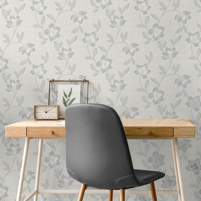 Larson Grey Floral Wallpaper with Farmhouse Botanical Flower Pattern - Fine Decor FD43068