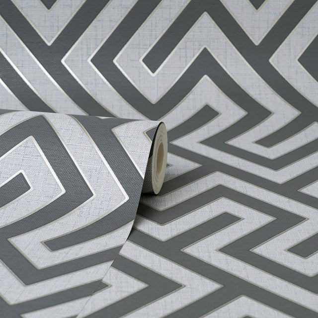Meander Charcoal Geo Wallpaper with Greek Key Geometric Pattern, Transitional Expanded Vinyl - Fine Decor FD43069
