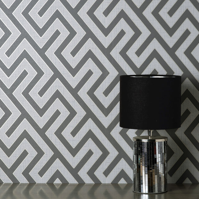 Meander Charcoal Geo Wallpaper with Greek Key Geometric Pattern, Transitional Expanded Vinyl - Fine Decor FD43069