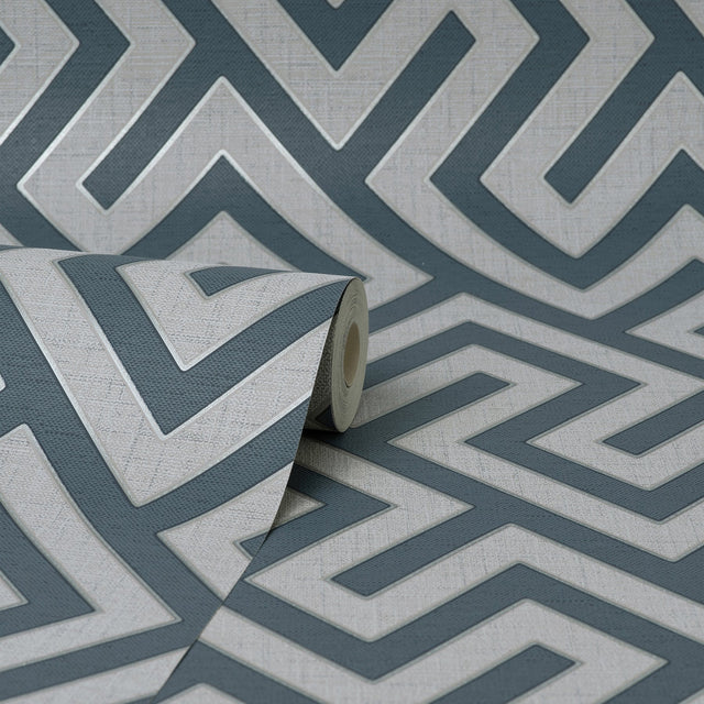 Meander Blue Geo Wallpaper with Metallic Greek Key Geometric - Fine Decor FD43070