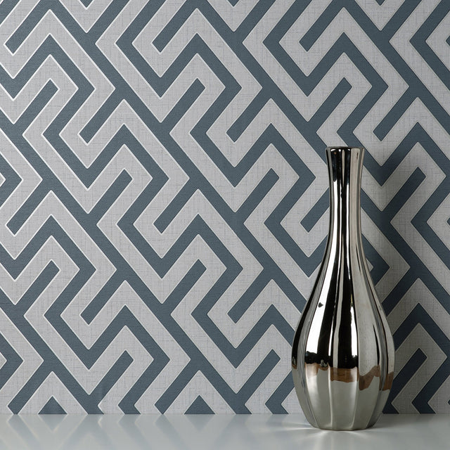 Meander Blue Geo Wallpaper with Metallic Greek Key Geometric - Fine Decor FD43070