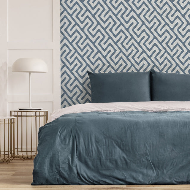 Meander Blue Geo Wallpaper with Metallic Greek Key Geometric - Fine Decor FD43070
