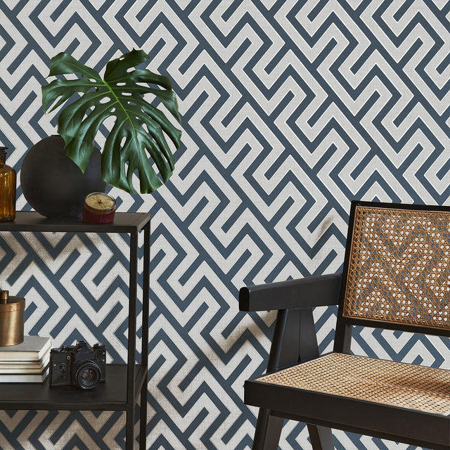 Meander Blue Geo Wallpaper with Metallic Greek Key Geometric - Fine Decor FD43070