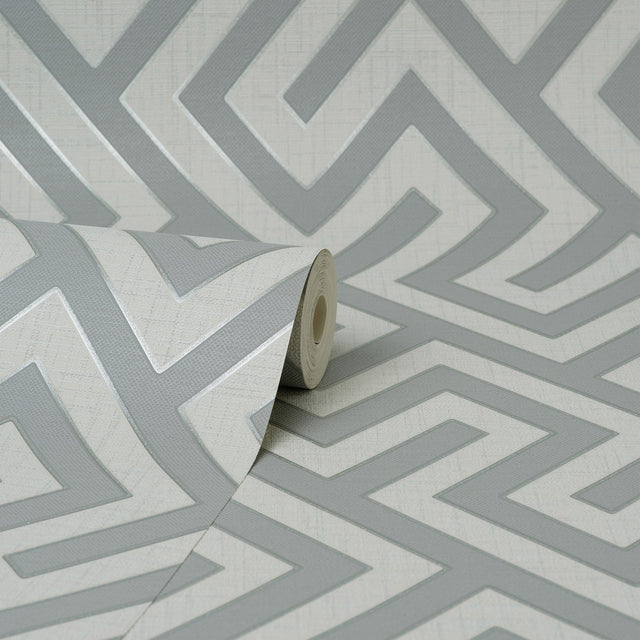 Meander Light Grey Geo Wallpaper with Geometric Greek Key Pattern - Fine Decor FD43071