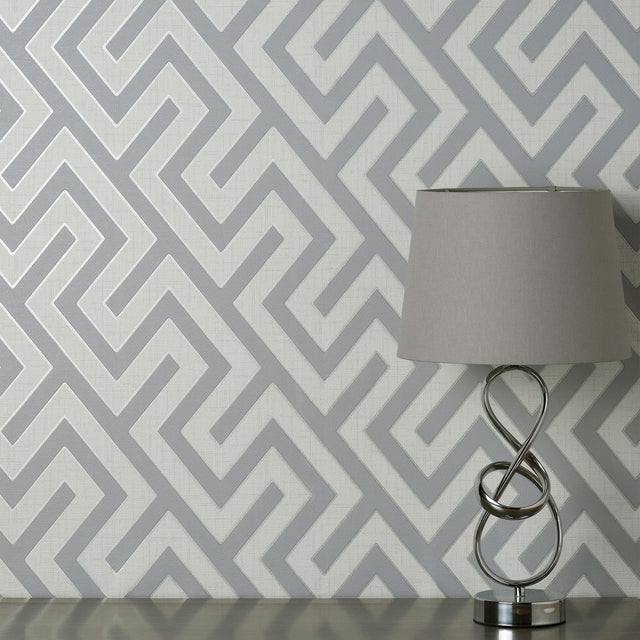 Meander Light Grey Geo Wallpaper with Geometric Greek Key Pattern - Fine Decor FD43071
