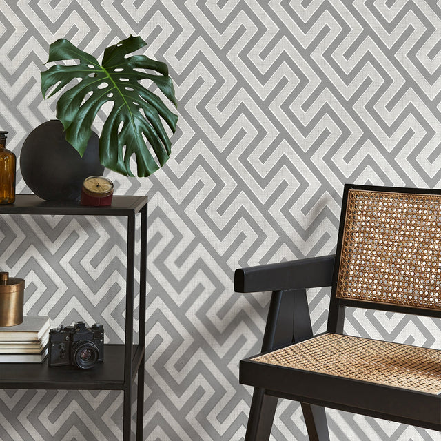 Meander Light Grey Geo Wallpaper with Geometric Greek Key Pattern - Fine Decor FD43071