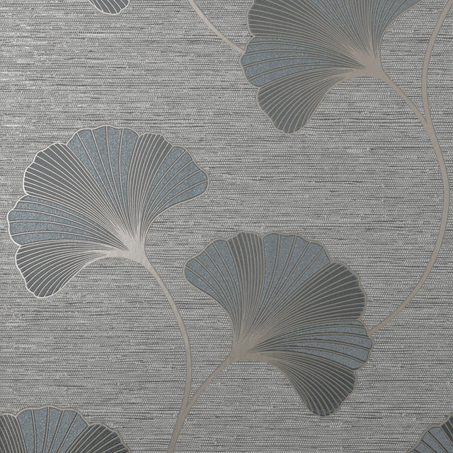Miya Grey Ginkgo Textured Vinyl Wallpaper with Metallic Botanical Motif - Fine Decor FD43149