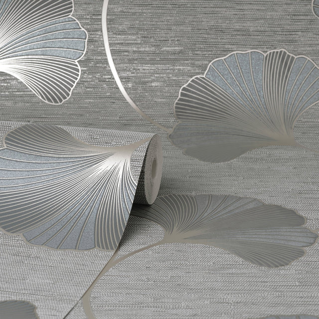 Miya Grey Ginkgo Textured Vinyl Wallpaper with Metallic Botanical Motif - Fine Decor FD43149