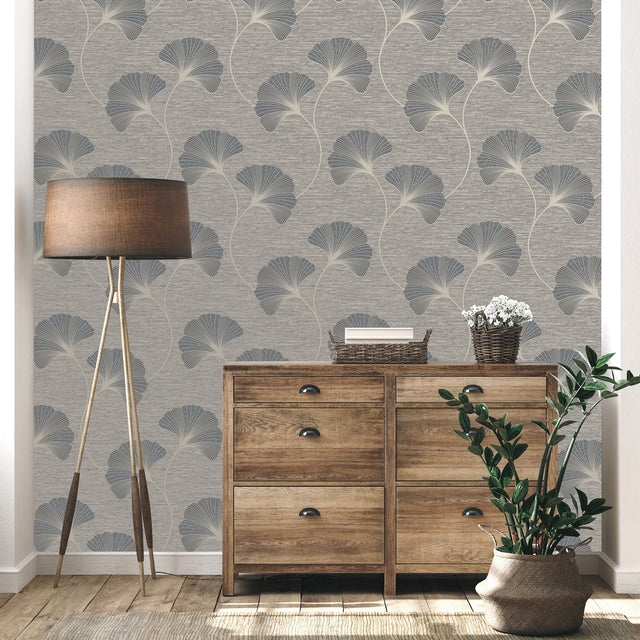 Miya Grey Ginkgo Textured Vinyl Wallpaper with Metallic Botanical Motif - Fine Decor FD43149